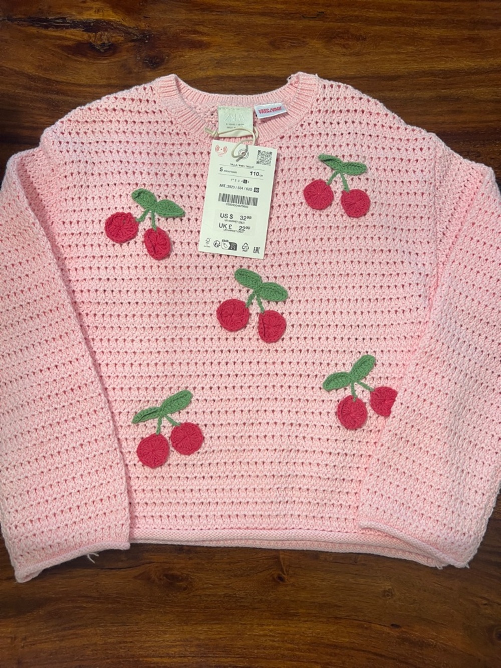 Pink Crochet Cherry-Embroidered Sweater